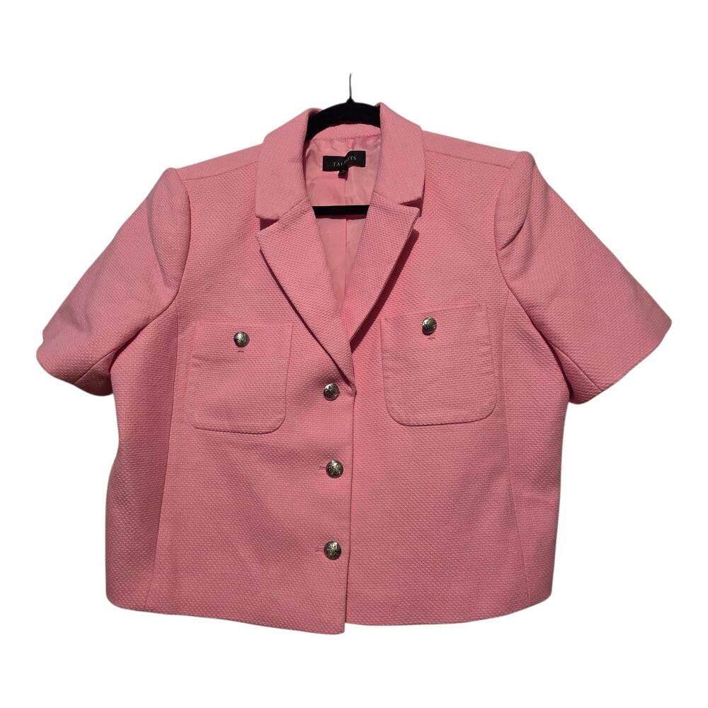Talbots Texture Blazer Jacket Women 16 Pink Short Sleeve Cropped Coquette
